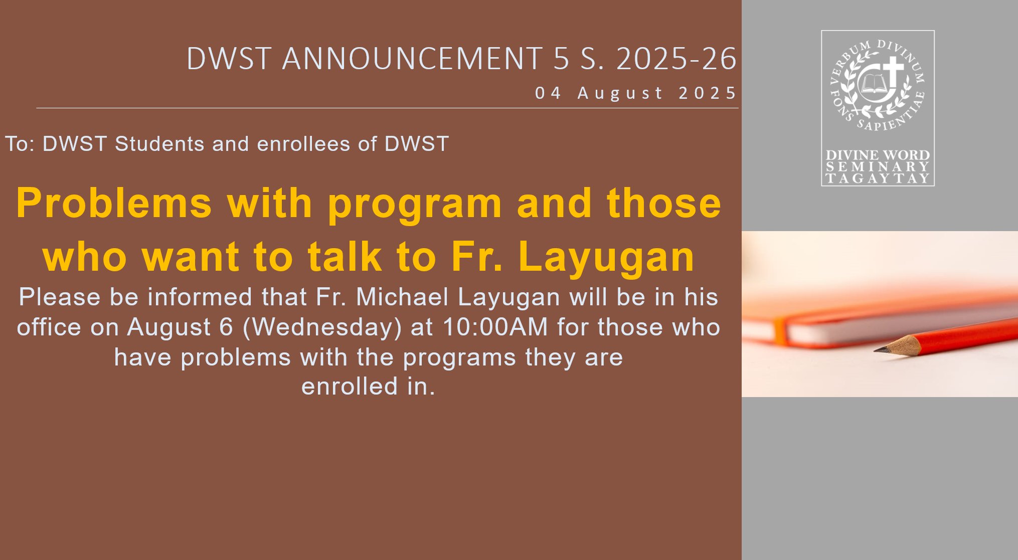 DWST ANNOUNCEMENT 5 S. 2025-26