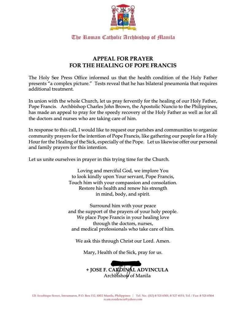 APPEAL FOR PRAYER FOR THE HEALING OF POPE FRANCIS